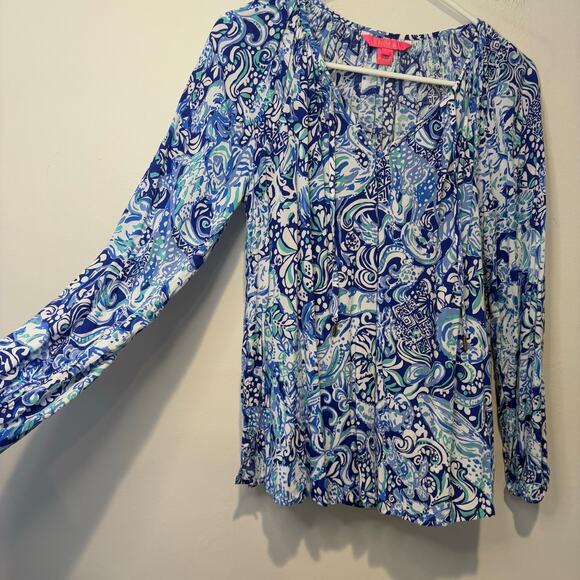 Lilly Pulitzer Women's Small Willa Blouse Shirt Blue Paisley Lightweight Resort - Picture 6 of 9